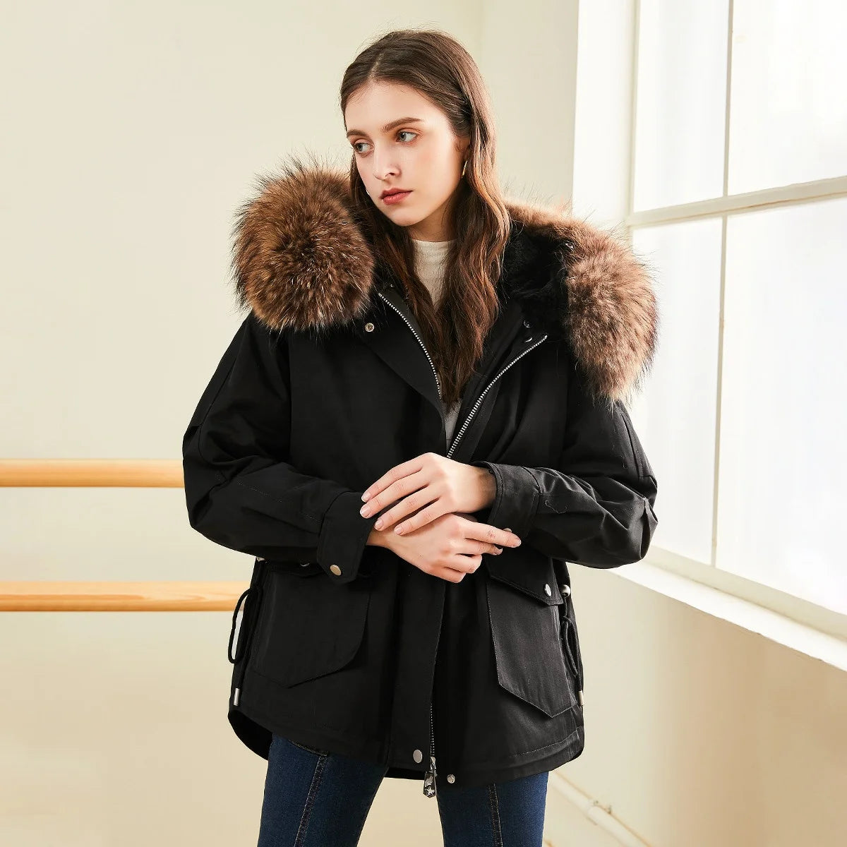 Women's Vintage Long Winter Poncho Thick Faux Fox Fur Lining Plaid Pattern Woven Overcoat Anti-shrink Button Decoration