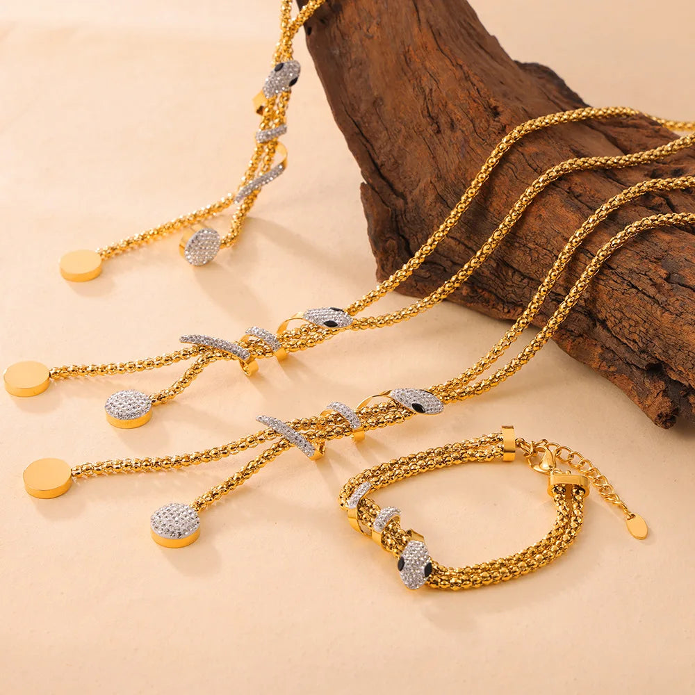 Luxury and Fashionable Stainless Steel Diamond Inlaid Snake Shaped Pendant Necklace Bracelet 18k Gold-plated Women's Jewelry Set