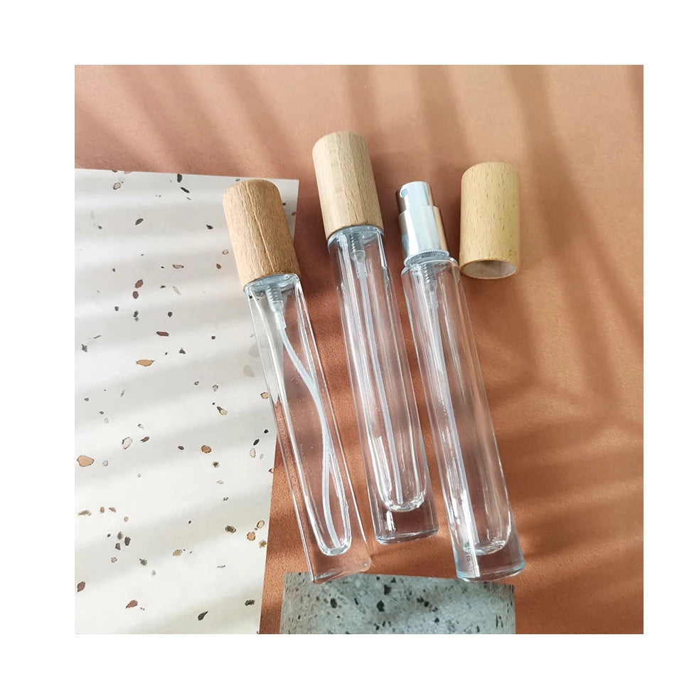 10ml Clear Thick Glass Perfume Bottle with Fine Mist Sprayer and Wood Cap Elegant Design for Fragrance Storage