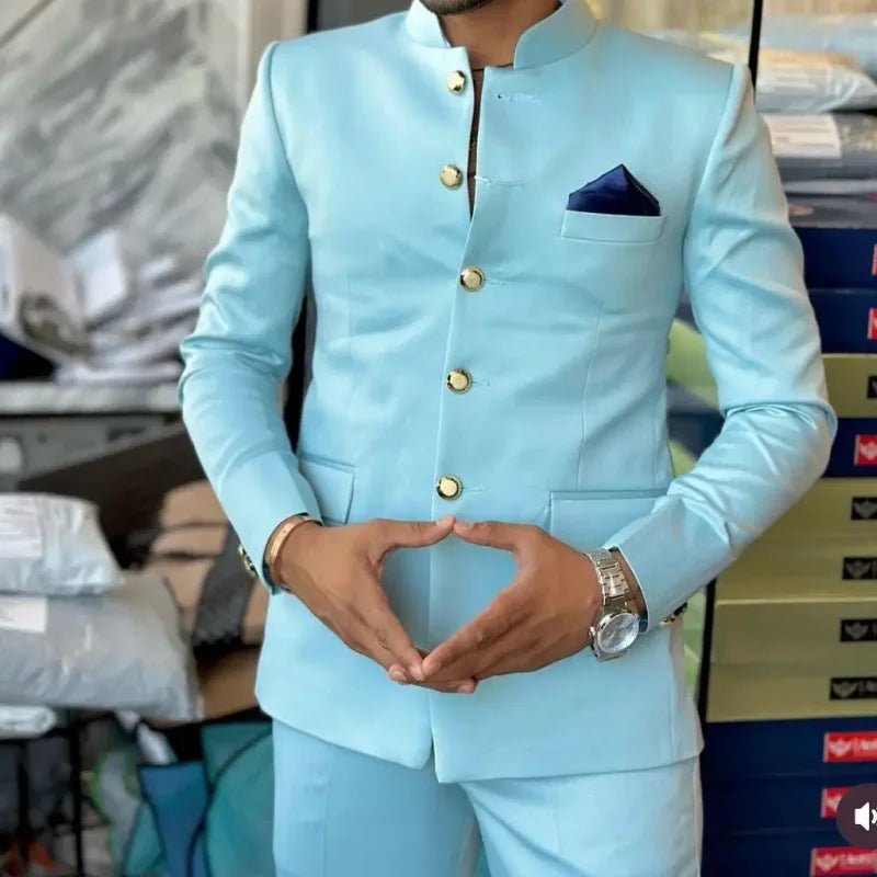 Light Blue Classic Men Suit Gold Buttons Tang Design Bespoke Man Business Suits Tailor Made 2 Pieces (Jacket+Pants) Wedding Wear