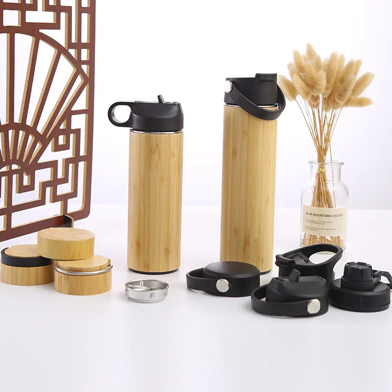 Custom Eco-Friendly Bamboo Insulated Hot Water Bottle 304 Stainless Steel Vacuum Flask Large Capacity
