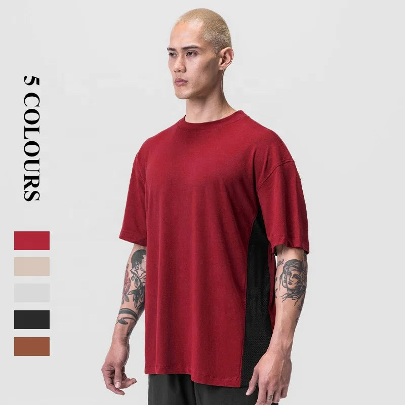 Summer Sports Fitness Short Sleeve Mens Top Mesh Breathable Athletic Crew Neck Loose Hem Solid T-shirt
