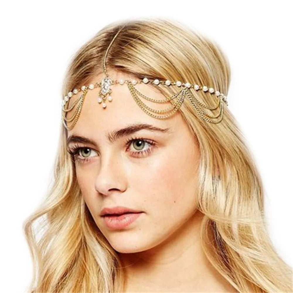 SSeeSY Fashion Jewelry Pearl Tassel Hair Accessories Alloy Water Droplet Inlaid Diamond Chain Headband for Women