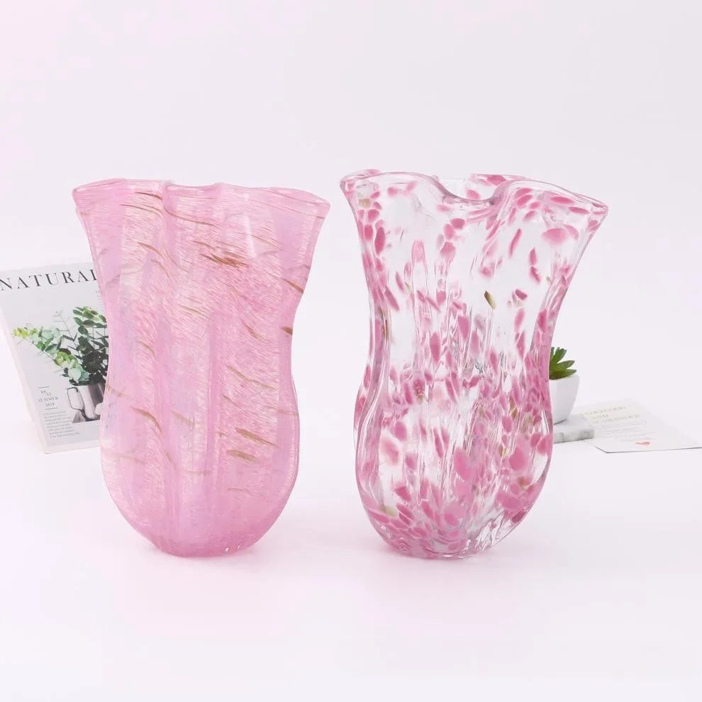Modern Hand Blown Home Hotel Tabletop Decor Handmade Cherry pink Gold pink Colored Glaze Murano Art Flower Arrange Glass Vase