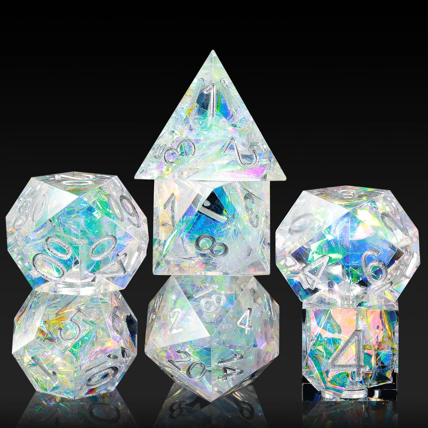 In Store Dnd Sharp Edge Square Polyhedral Dice Set Handmade 7 Die Resin with Metal Case for Dungeons and Dragons RPG