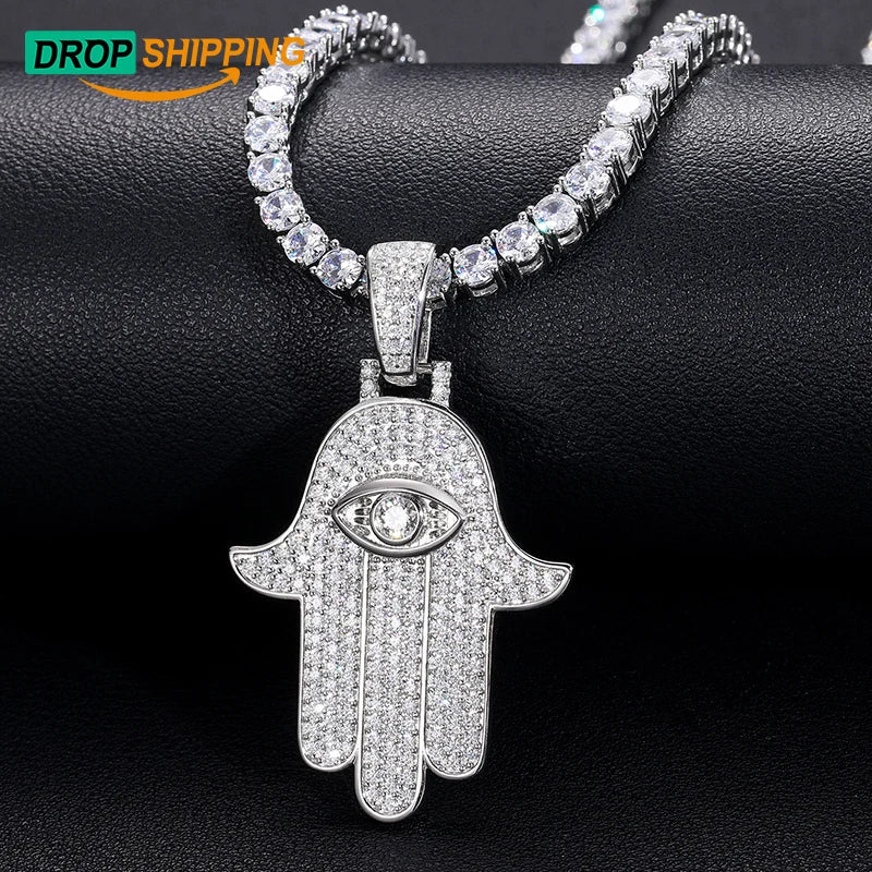 Dropshipping Fine Jewelry 925 Sterling Silver VVS Moissanite Bling Iced Out Eye Hamsa Hand Pendant for Men Women MegaBDM