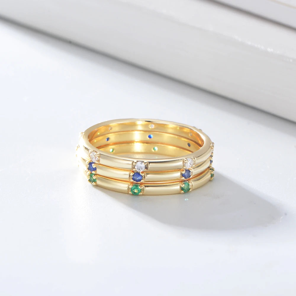Peishang Simple Ring Set Gold Plated 925 Sterling Silver Pave Setting Different Color Stone Jewelry