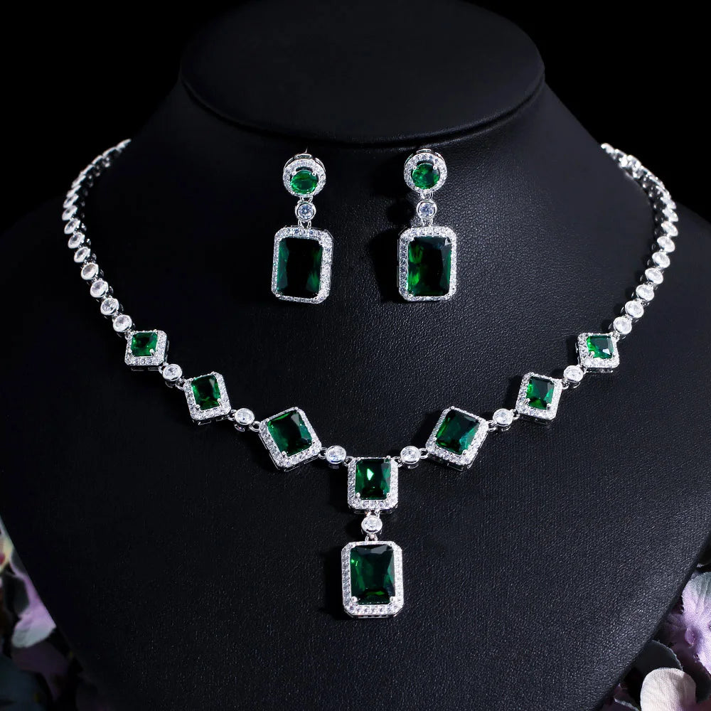 Wholesale Luxury Design Cubic Zirconia Stone Paved Wedding Bridal Emerald Green Jewelry Sets for Women Party Dress Accessories