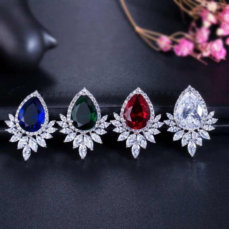 Sparkling White Jewelry Silver Plated Big Stud Teardrop Cubic Zirconia Wedding Bridal Earrings for Women Bride Accessoriessmaid