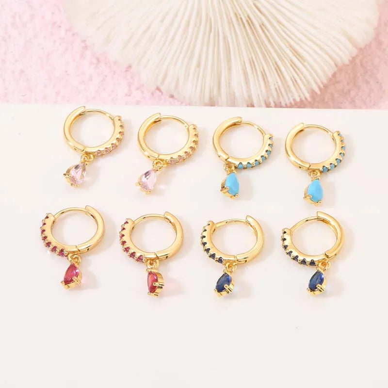 14K Gold Plated Colorful Cubic Zircon Teardrop Dangle Hoop Earrings Fashion Trendy Women Jewelry Drop Earrings Wholesale Custom