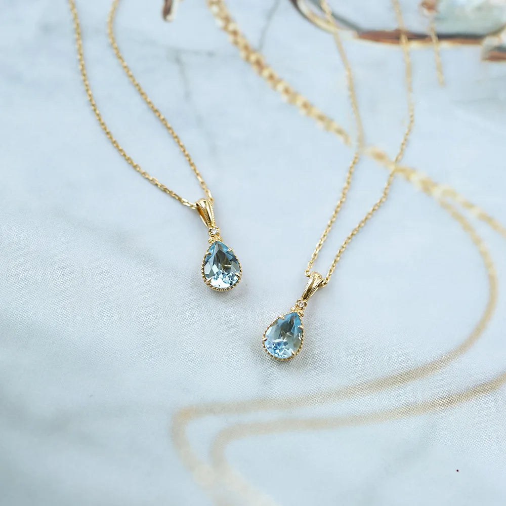 Luxury Europe 925 Sterling Silver Water Drop Aquamarine Pendant Necklace for Women Trendy Diamond and Zircon Chain Gold Plate