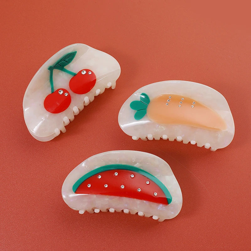 Midairy  OEM ODM Cherry Carrot Watermelon Fruit Acetate Hair Claw Clip With Rhinestones Girls Accessories 4890