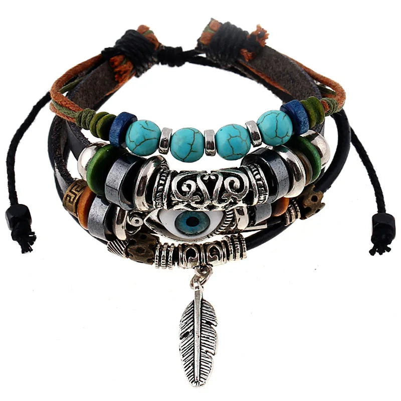 Handmade Beaded Leather Bracelet with Blue Eye Feather for Men's Wedding Party or Gift