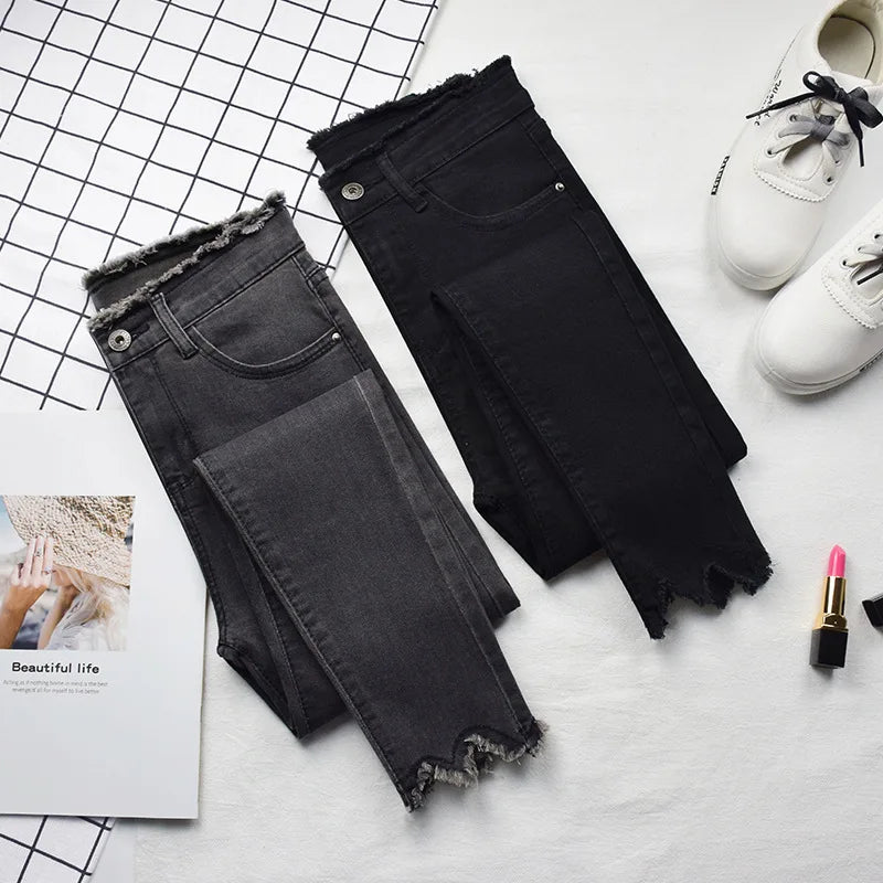 Wholesale Hot Sale High Quality Blue Black Gray Denim Women Pencil Pants Ladies Elastic Pencil Jeans