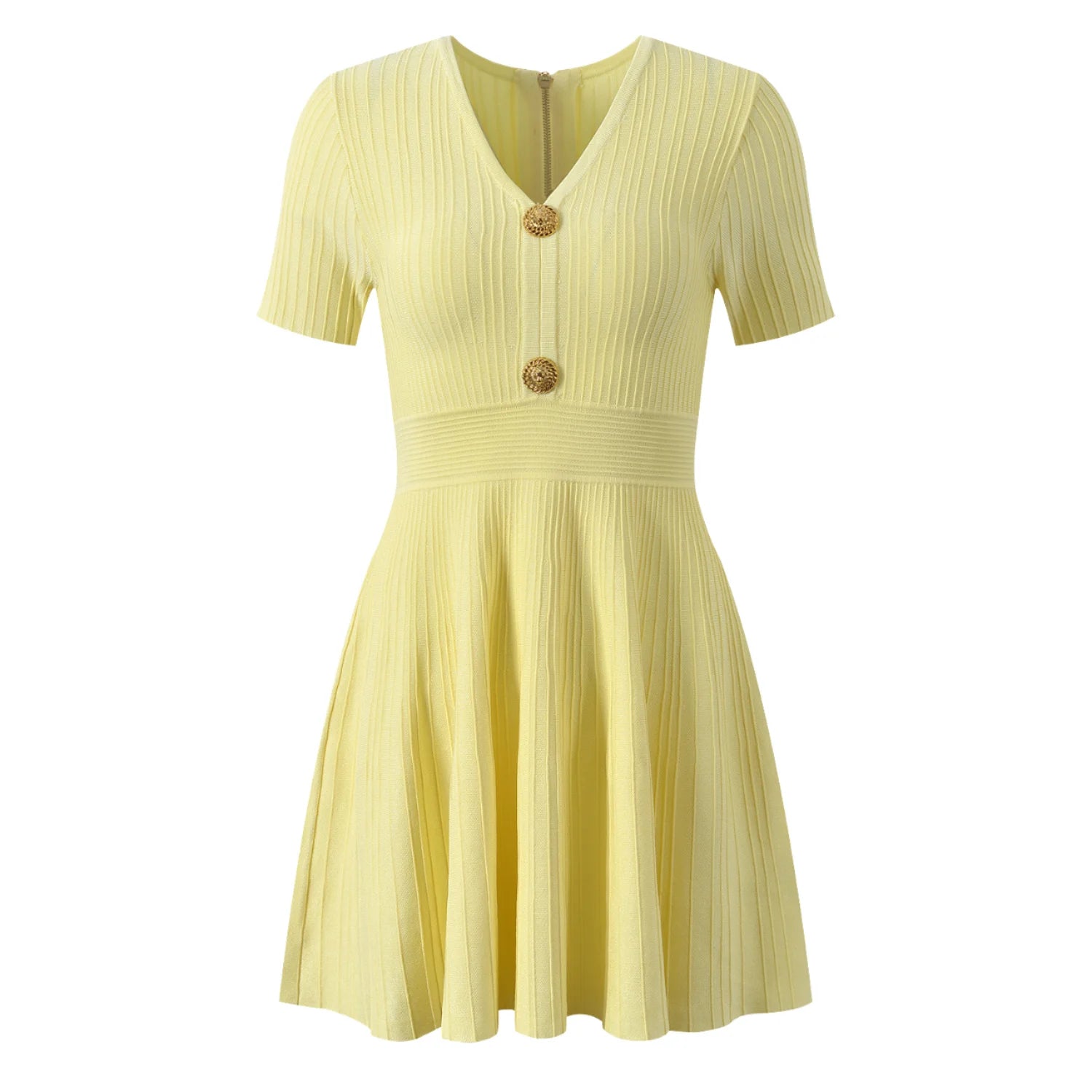 2025 Summer V-Neck A-Line Mini Dress for Women Solid Knit Elegant Casual Style Custom Designed Buttons Short Sleeves Natural