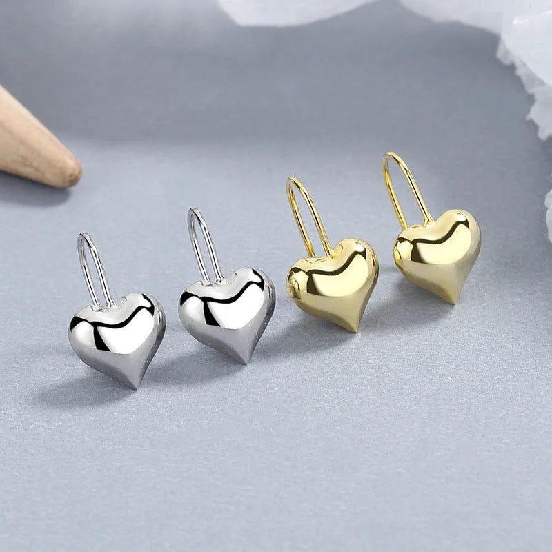 Minimalism 925 Sterling Silver Gold Plated Glossy 3D Heart Pendant Earrings for Women Wholesale