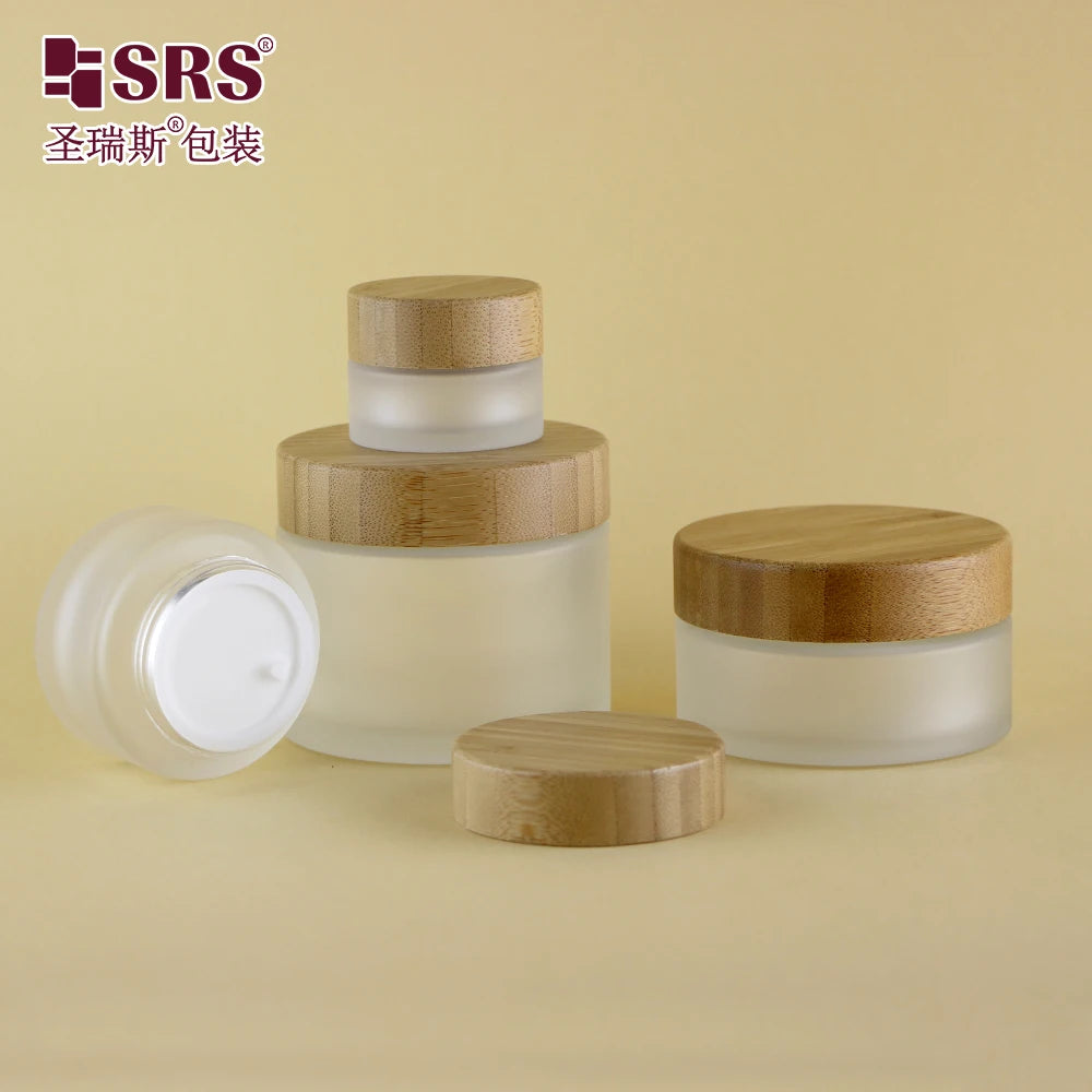 Luxury Frosted Clear Cream Glass Jars With Natural Bamboo Screw Lid 15ML 30ML 50ML 100ML