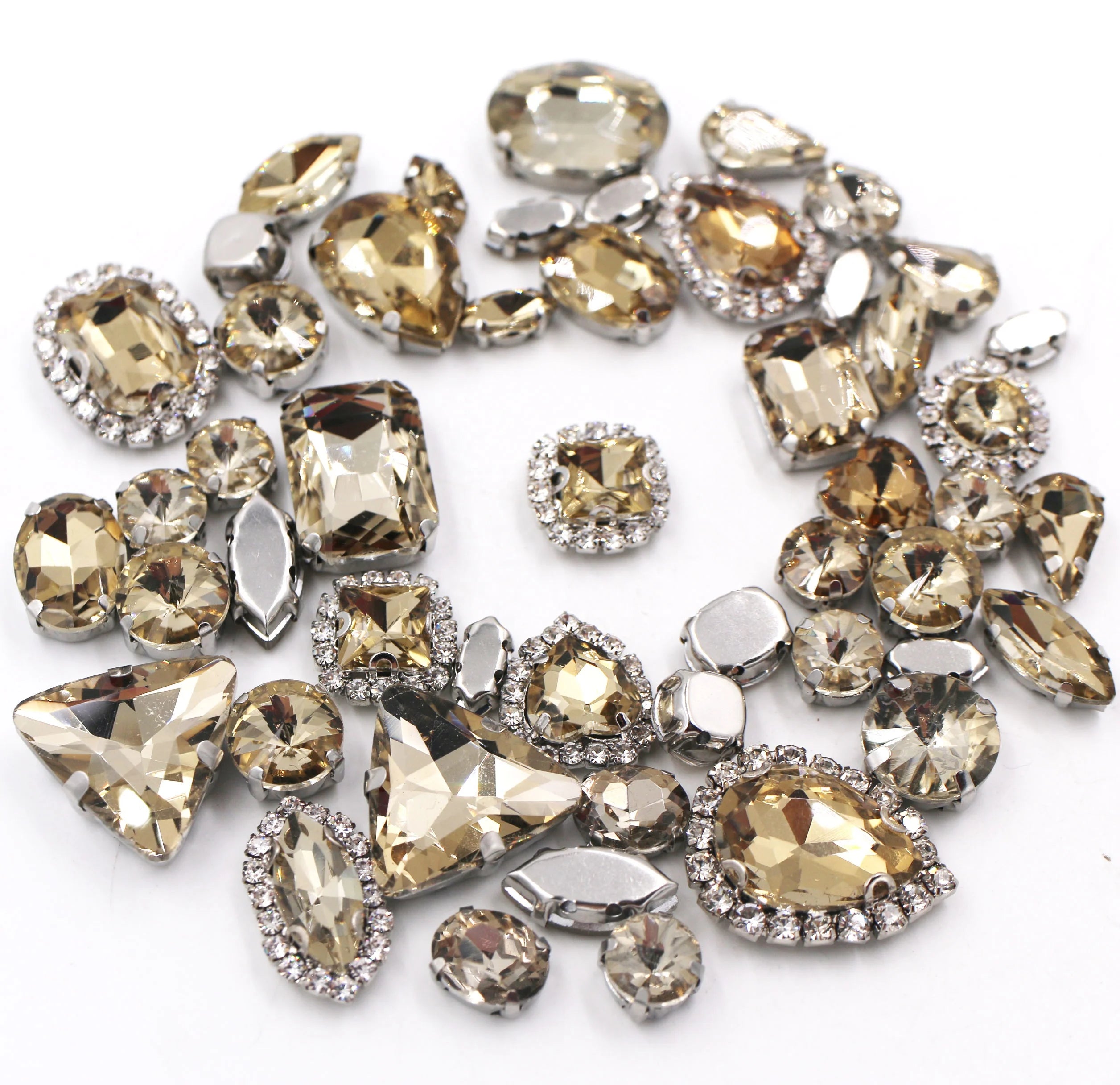 HFOUR Light Coffee Loose Wholesale 3D Mixed Shape & Size Glass Rhinestone Buckle with Silver Claw Sew-On Technique