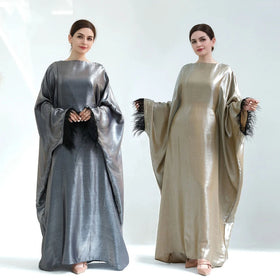 New Closed Abaya Sleeves With Feather Ramadan EID Modest Saudi Dubai Abayas Dresses Islamic Clothing for Women Muslim Dress