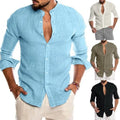 Men's Casual Cotton Linen Blouse Loose Short Sleeve Knitted Top for Spring Summer Autumn Handsome Shirt with Collarless Design