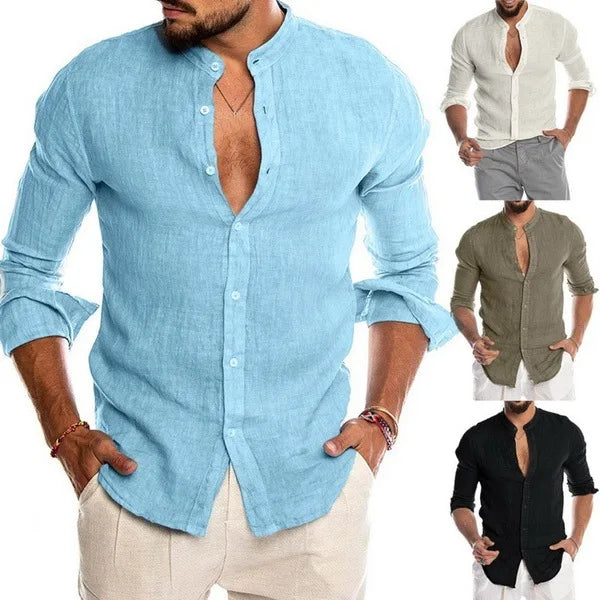Men's Casual Cotton Linen Blouse Loose Short Sleeve Knitted Top for Spring Summer Autumn Handsome Shirt with Collarless Design