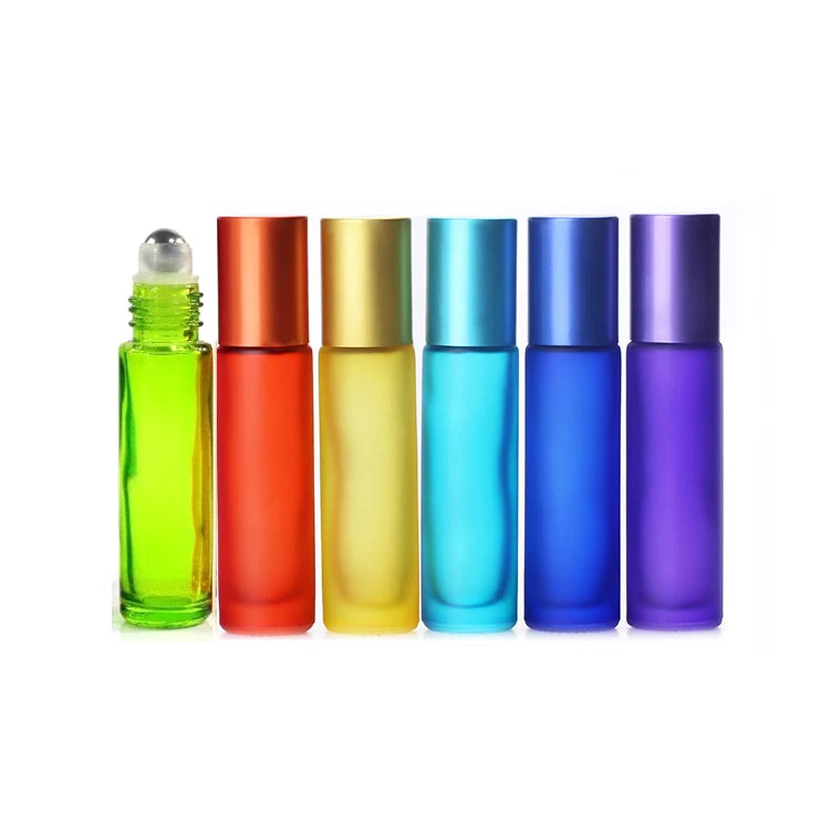Cylindrical 10ml Green Blue Pink Refillable Eye Cream Packing 5ml Perfume Oil Roll on Glass Bottle With Roller Ball