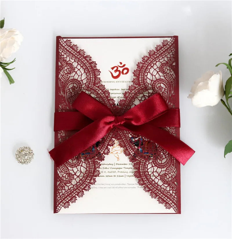 European Style Customized Invitation Design Burgundy Wedding Cards Invitation Laser Cut Business Card
