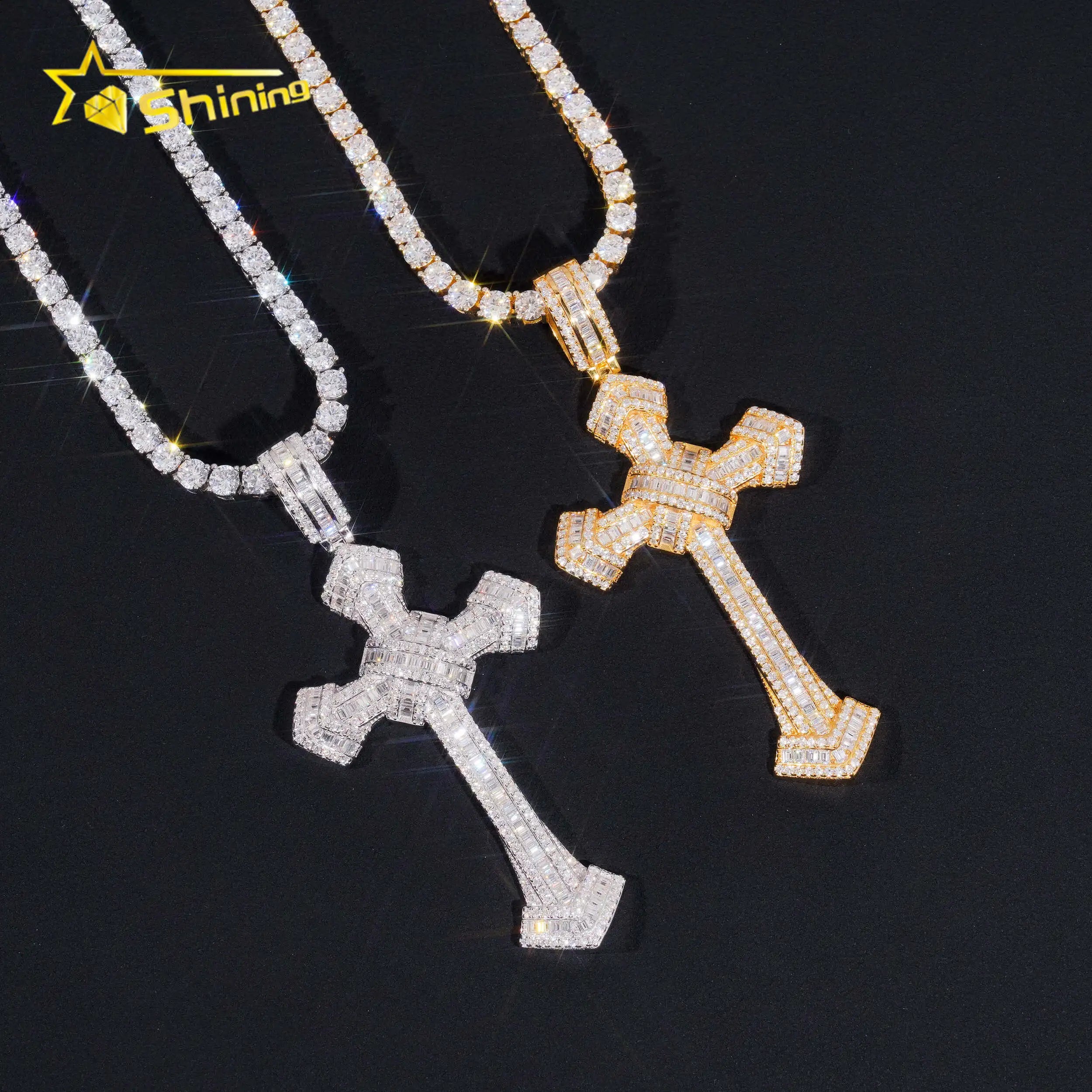 GRA Baguette Moissanite Cross Pendant 925 Sterling Silver Gold Plated Pass Diamond Tester Moissanite Charms Necklace