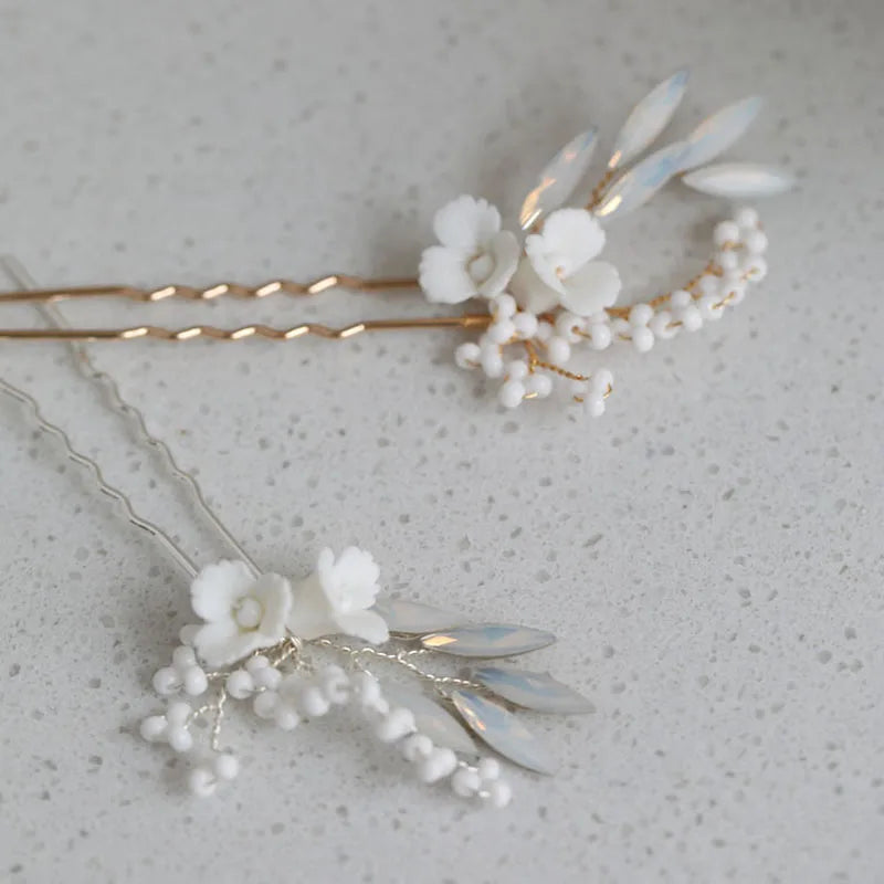 SLBRIDAL Handmade Porcelain Flower Opal Crystal Bridal Hair Pin Set Wedding Hair Sticker Women Jewelry Hair Accessories