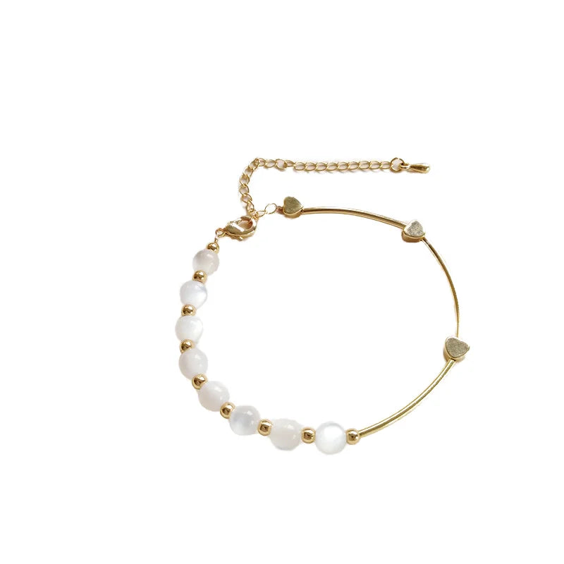 Women's New Transparent Natural Stone Round Beads Bracelet Metal Love Heart Bangle for Weddings Mainly Made of Alloy