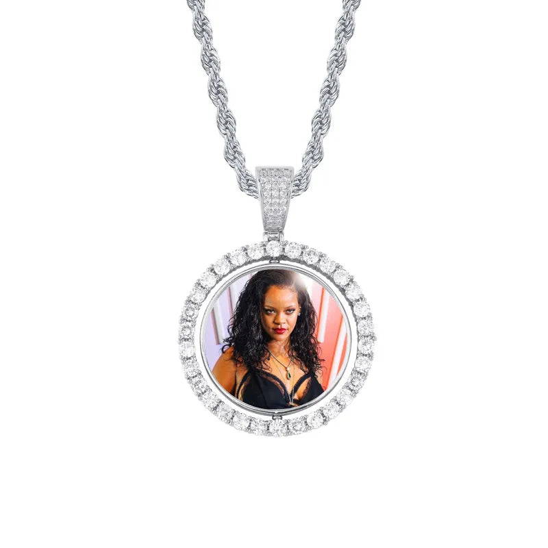 Personalized Photo Pendant Custom Pictures Spinning Pendant Necklace for Women Gold Plated Zircon Hip Hop Fast Shipping Jewelry
