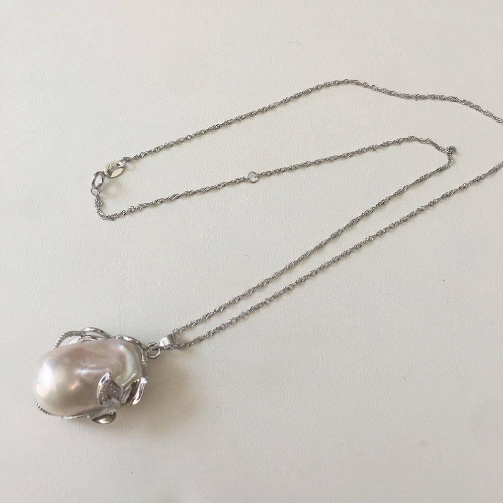 Big NATURE Baroque PEARL PENDANT NECKLACE18 Inch 925 Silver Wave Chain Choker Necklace