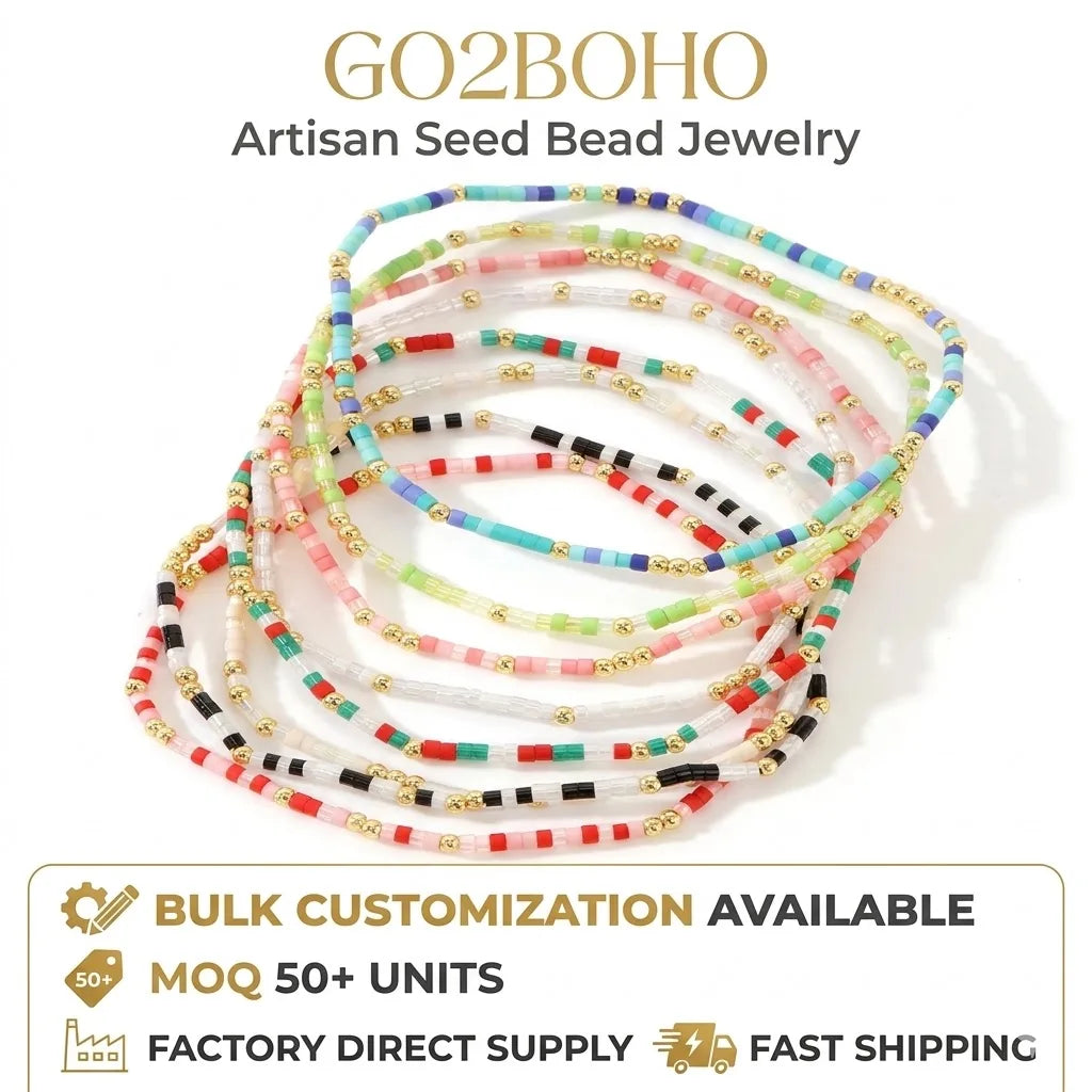 Go2BoHo Boho Trad Handcrafted Stretch Fashion Jewelry Dainty Glass Seed Bead Stack Bangle Colorful Beaded Bracelet for Women