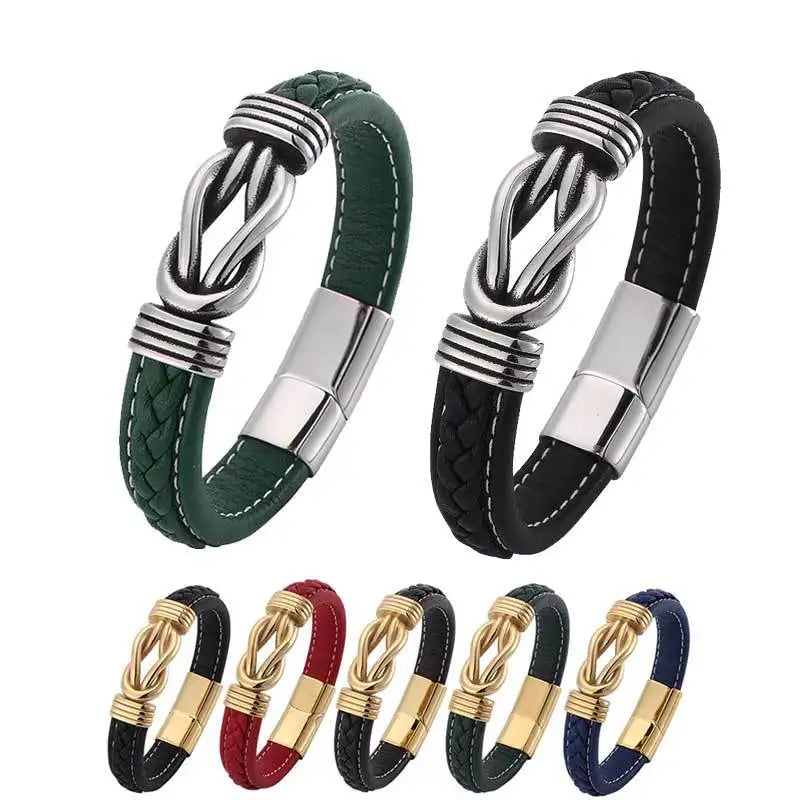Hot Sale Customize Logo Magnetic Braided Leather Bracelet Handmade Men's Stainless Steel Infinity Knot Bracelet