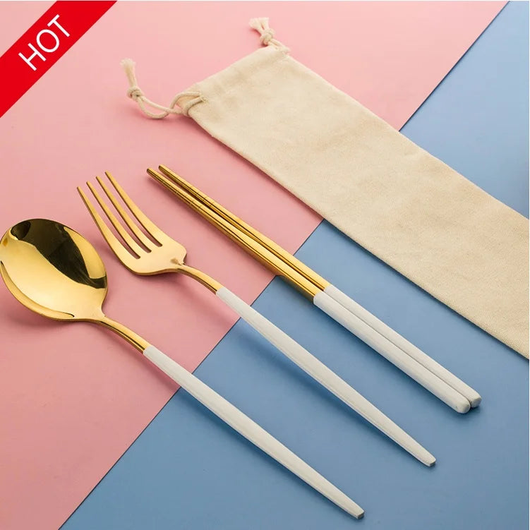 Nordic Camping 3 Piece Personal White Gold Modern Silverware Set Stainless Steel Cutlery with Chopsticks