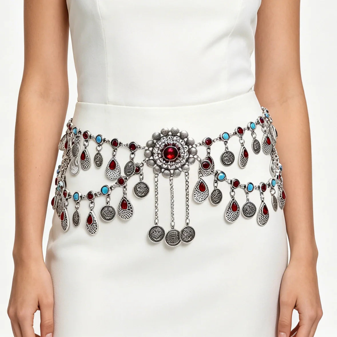 Vintage Coins Tassels Rhinestones Waist Chains Dunhuang Belly Dance Ancient Style Belts Travel Photography Accessories