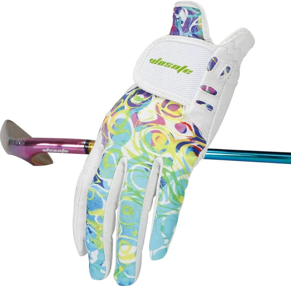 Golf Factory Wholesale Direct Sale Breathable Cabretta Leather Lambskin Gloves Printed Pattern Custom logo Golf Gloves for Women