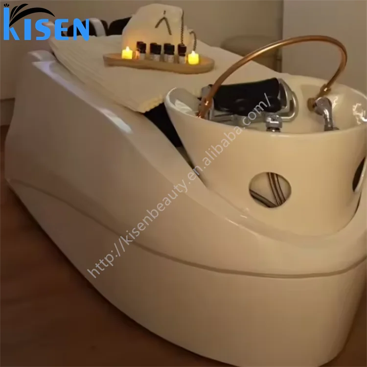 Kisen Fat People Used Shampoo Massage Bed Electric Automatic Salon Table Head Spa Chair Led Light with Ceramic Sink