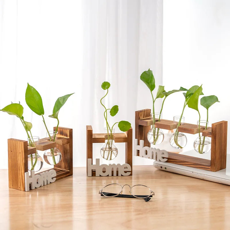 Wholesale Wooden Frame Vases Creative Glass Vases Modern Simple Living Room Decoration Green Plant Vase
