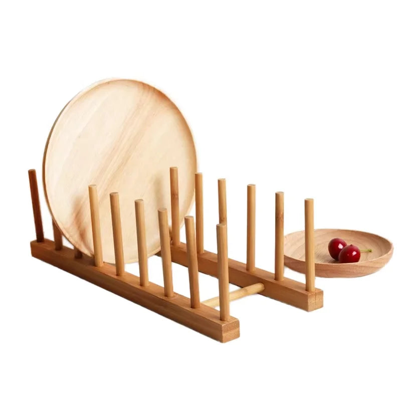 JUNJI Wooden Bowl Plate Holder Drain Water Storage Rack Shelf  Kitchen Organizer Wooden Storage Holder Rack