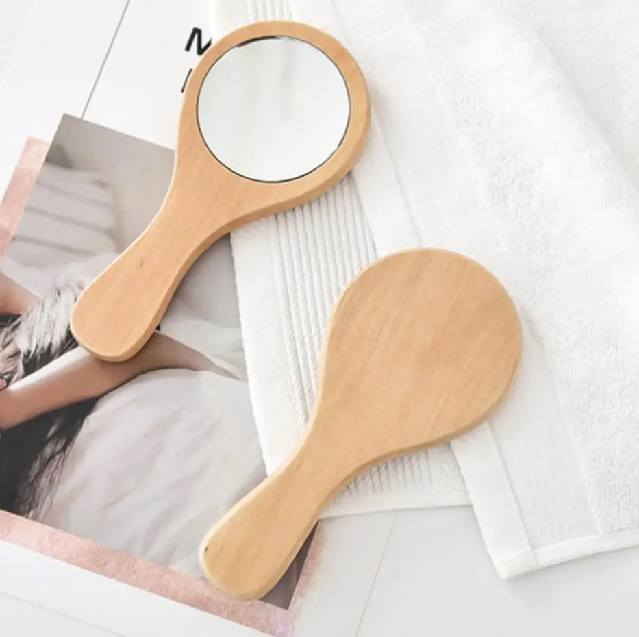 Wholesale Custom Logo Hand Held Mini Round Small Compact Makeup Mirrors Wooden Hand Pocket Cosmetic Handheld Mirror for Travel