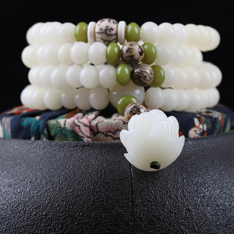 Wholesale Good Luck Jewelry White Agate Beads Flower Bracelet Layered Jade Beads Lotus Charm Bracelet