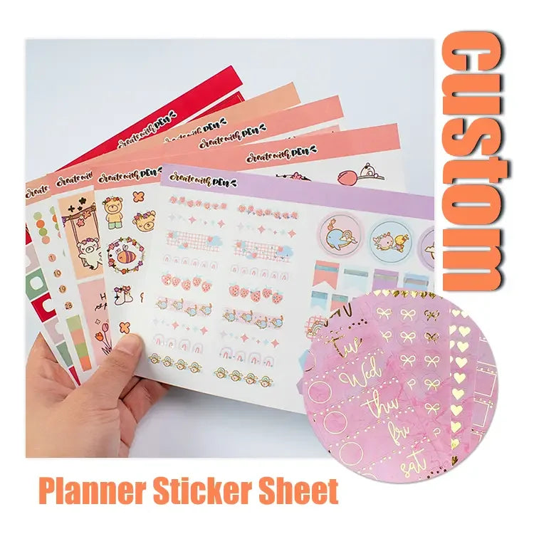Custom Cute Planner Sticker Sheet Manufacturer Gold Foil Kiss Cut Kawaii Sticker Sheets for Journals Planner