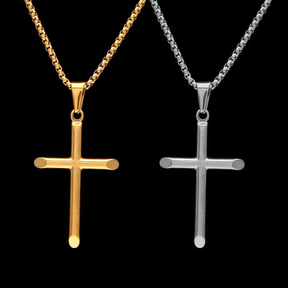 Fine Gold Plated Necklace Christian Cross Jewelry for Men Stainless Steel Religious Tube Cross Pendant Necklace