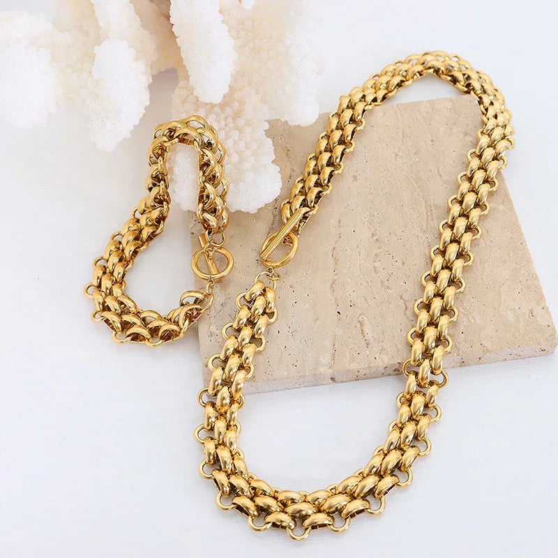 Tarnish Free Stainless Steel 18 k Gold Plated Cuban Chain Bracelet Necklace