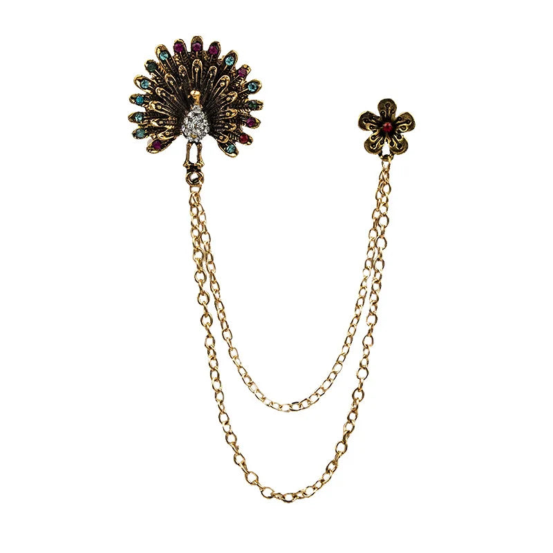 Brand New Business Suit Accessories Peacock Brooches Retro Animal Safety Lapel Pins With Flower Tassel Chain