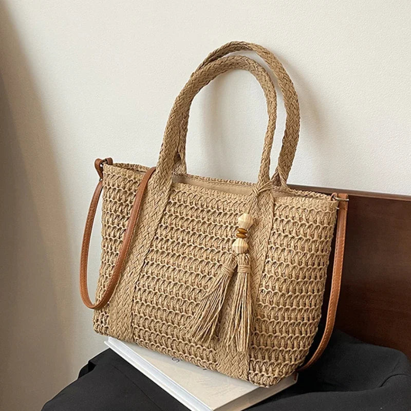 Summer Casual Women's Straw Shoulder Bags Large Capacity Ladies Bucket Tote Handbags Travel Beach Female Crossbody Bag Purse