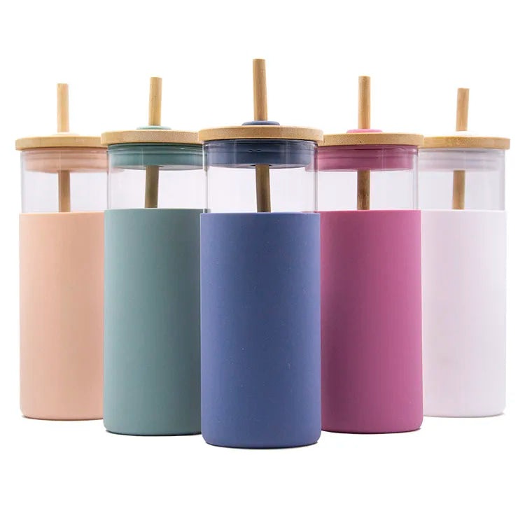 20Oz Silicone Sleeve Glass Smoothie Boba Tumbler With Straw Bamboo Lid