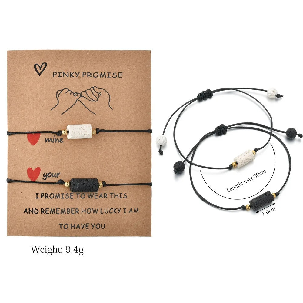 Gift for Girlfriend Boyfriend Lava Volcanic Stone Beads Charm Pinky Swear Promise Lover Couple Bracelets with Make a Wish Card