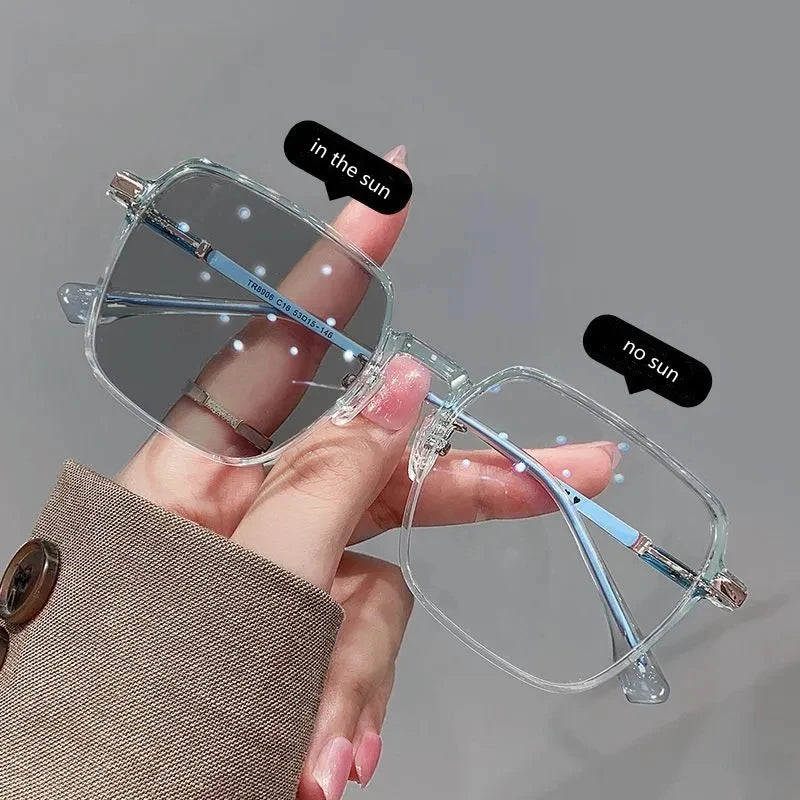 Fashion Lens Color Changing Anti Blue Light Eyeglasses Big Square Frame Photochromic Computer Glasses Women